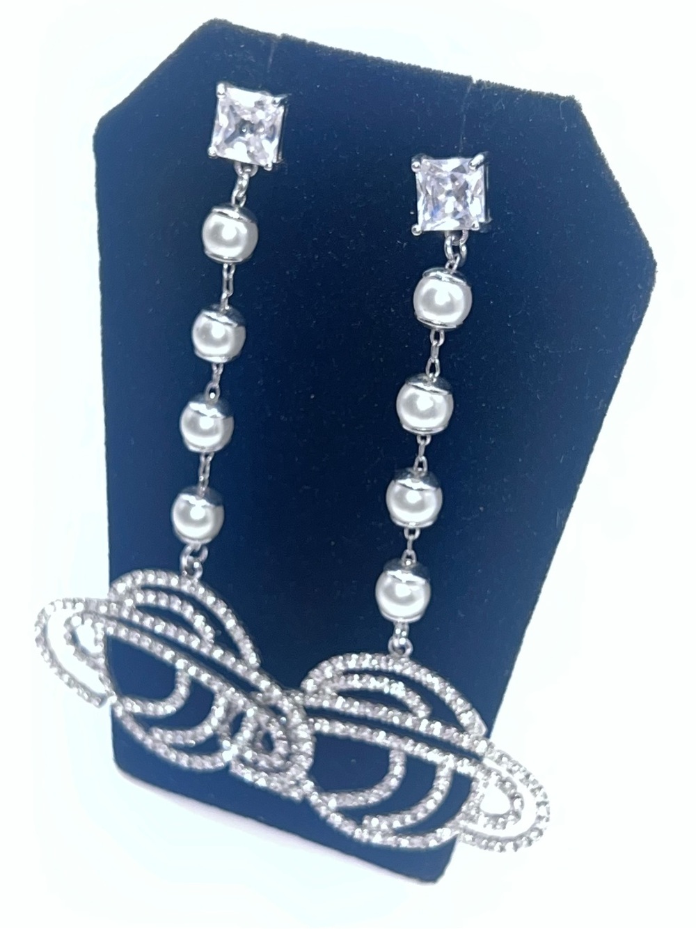 Statement Rhinestone Faux Pearl Long Dangle Earrings Silver Tone Glam